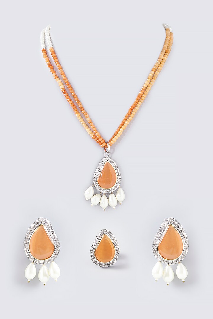 White Finish Kundan Polki & Beaded Long Necklace Set by Adityam Jewels at Pernia's Pop Up Shop