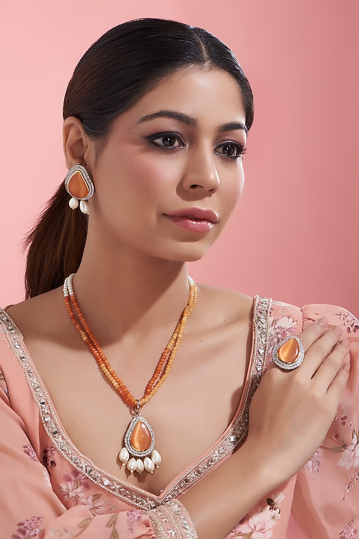 White Finish Kundan Polki & Beaded Long Necklace Set by Adityam Jewels at Pernia's Pop Up Shop