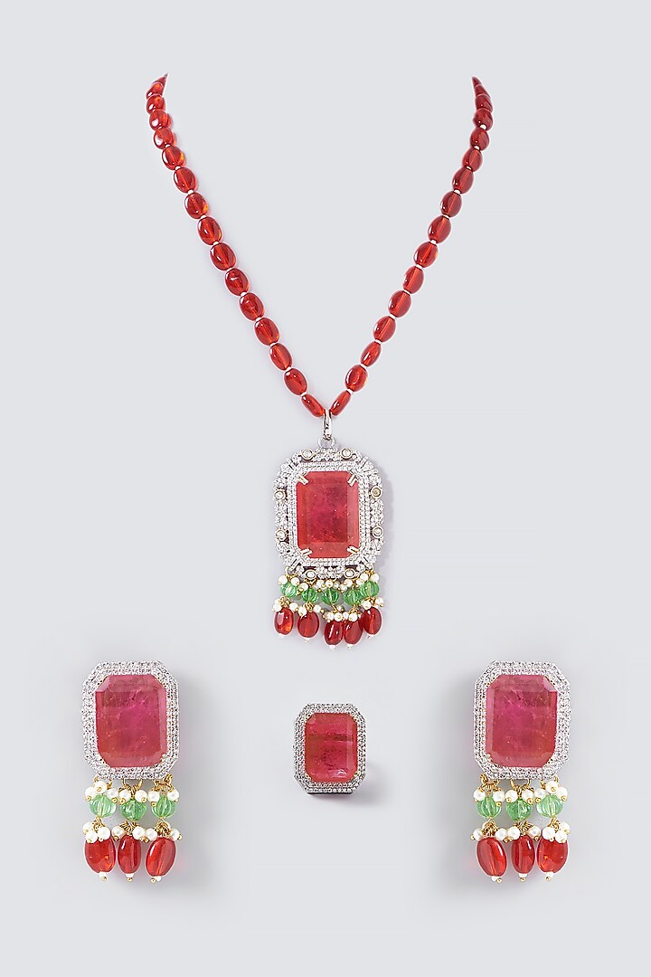 White Finish Kundan Polki & Red Beaded Long Necklace Set by Adityam Jewels at Pernia's Pop Up Shop