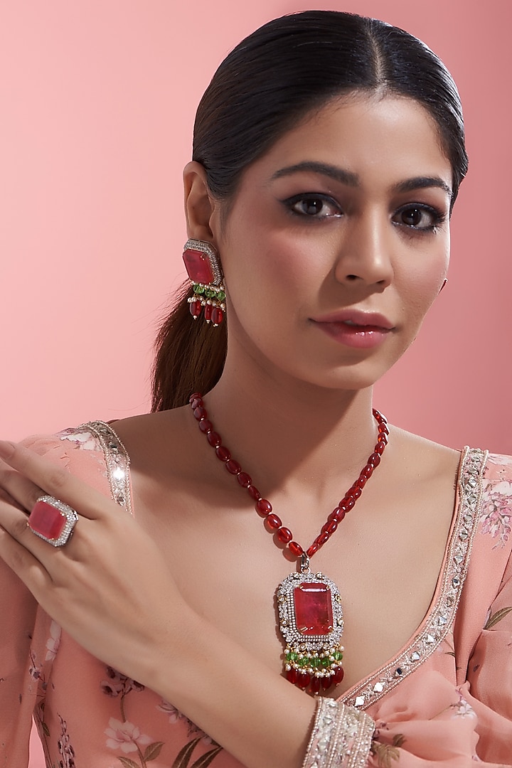 White Finish Kundan Polki & Red Beaded Long Necklace Set by Adityam Jewels at Pernia's Pop Up Shop