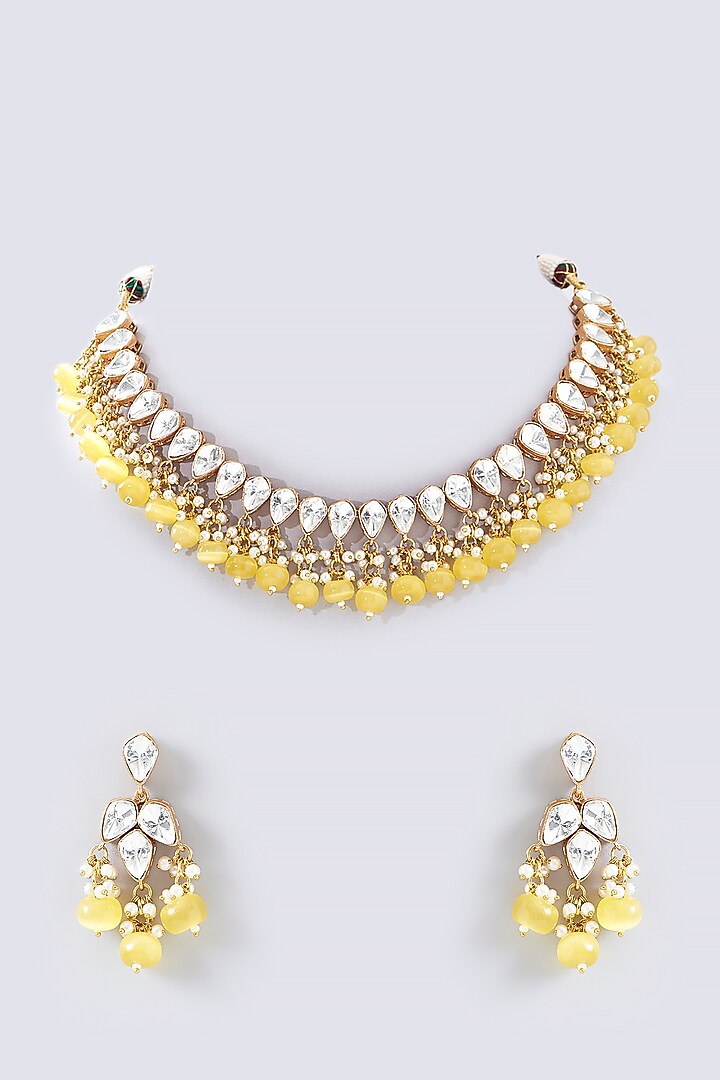 Gold Finish Kundan Polki Necklace Set by Adityam Jewels at Pernia's Pop Up Shop