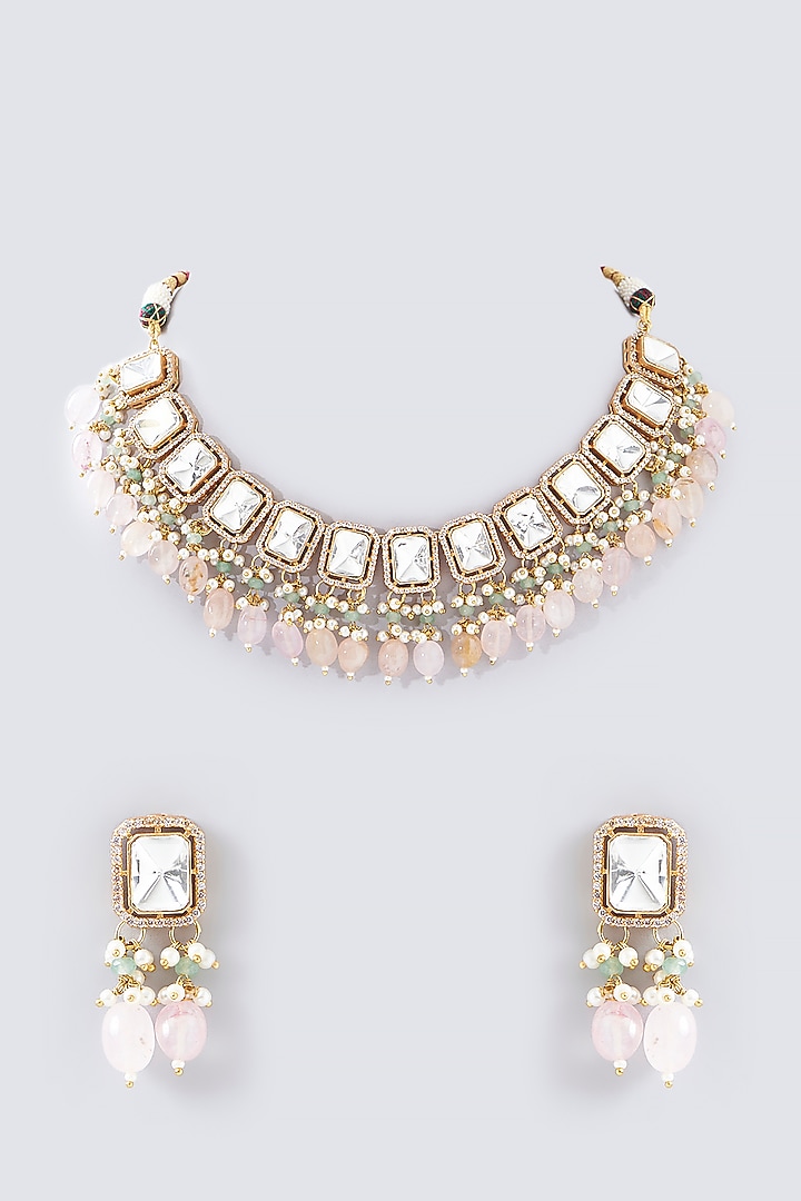 Gold Finish Kundan Polki Necklace Set by Adityam Jewels at Pernia's Pop Up Shop
