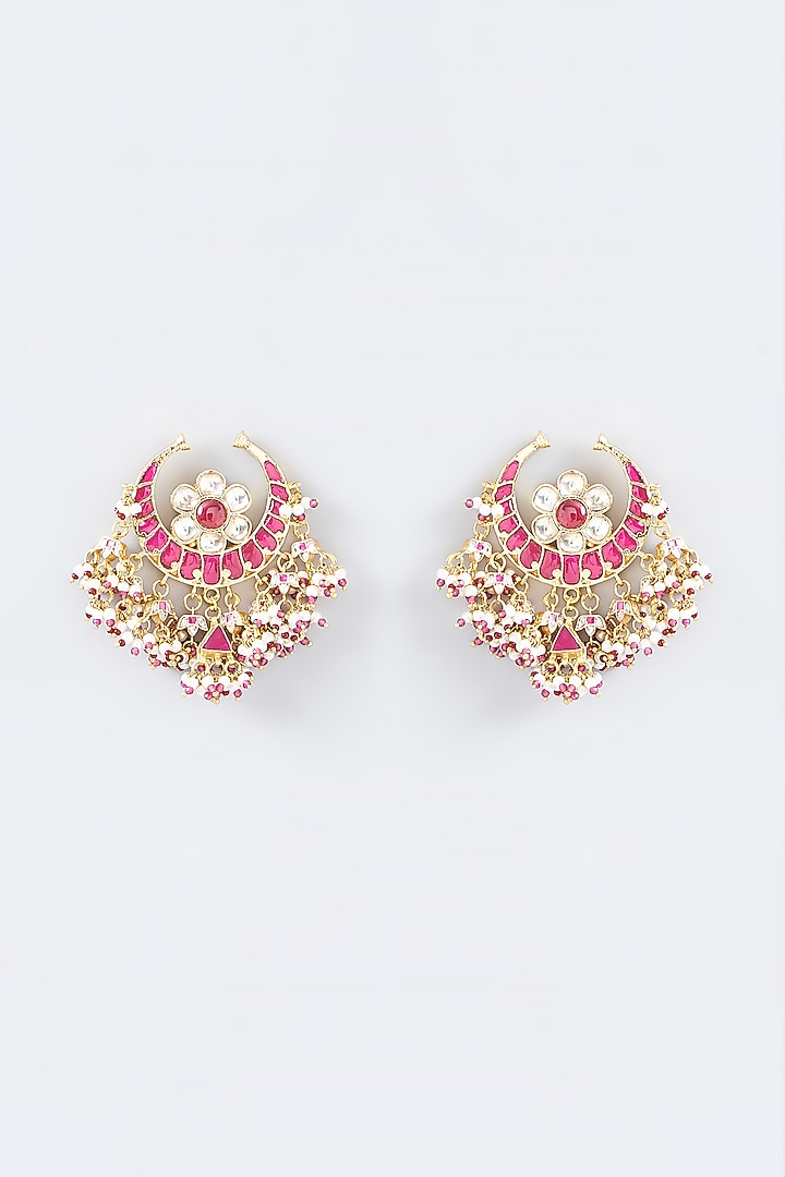 Gold Finish Red Kundan Polki Chandbaali Earrings by Adityam Jewels at Pernia's Pop Up Shop
