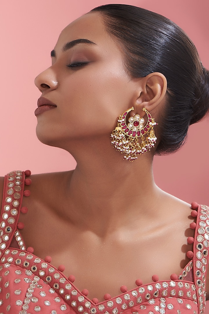 Gold Finish Red Kundan Polki Chandbaali Earrings by Adityam Jewels at Pernia's Pop Up Shop