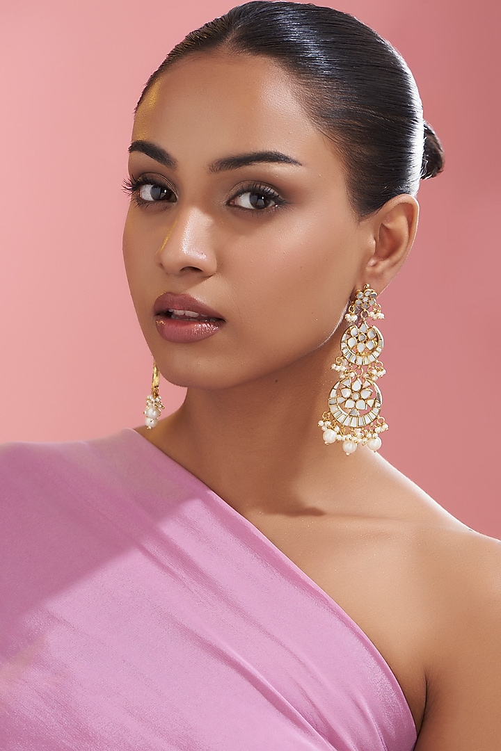 Gold Finish Mother Of Pearl Dangler Earrings by Adityam Jewels at Pernia's Pop Up Shop