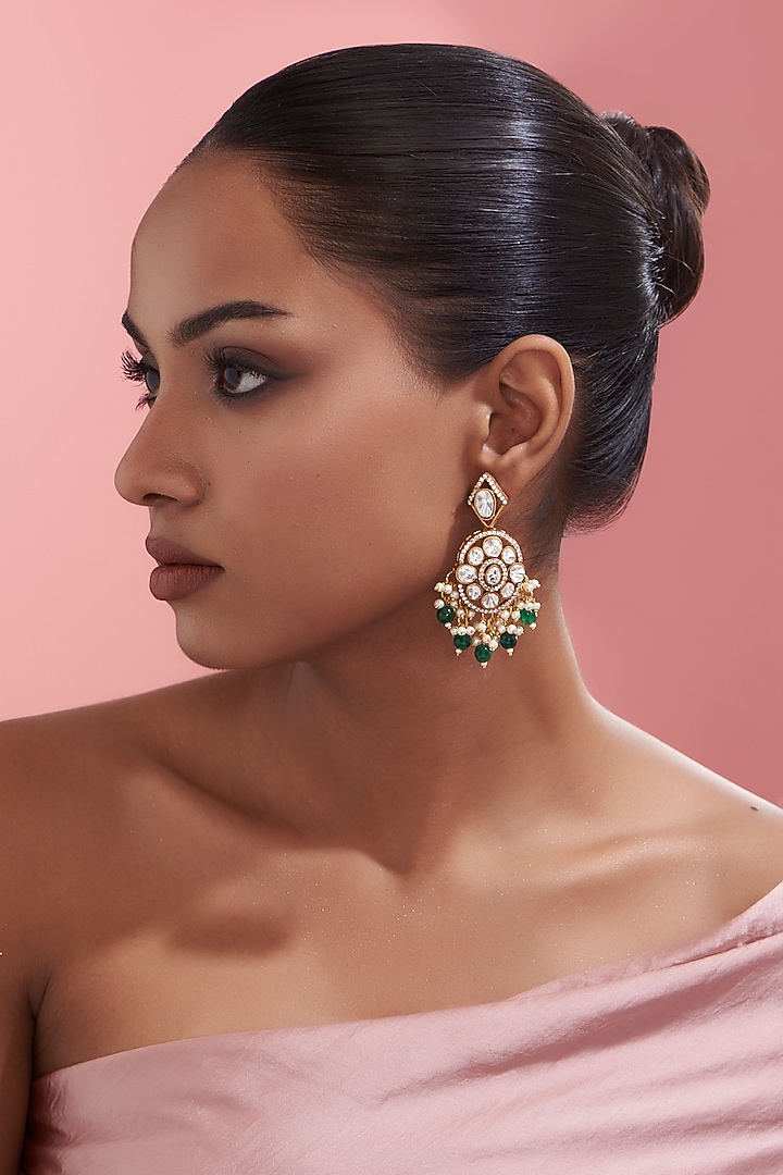 Gold Finish Kundan Polki Dangler Earrings by Adityam Jewels at Pernia's Pop Up Shop