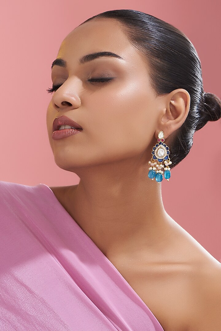 Gold Finish Kundan Polki Dangler Earrings by Adityam Jewels at Pernia's Pop Up Shop