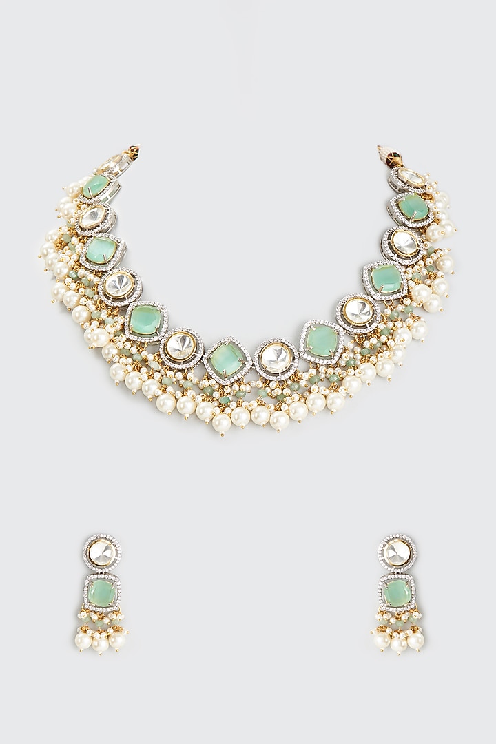 White Finish Kundan Polki & Pearl Drop Necklace Set by Adityam Jewels at Pernia's Pop Up Shop