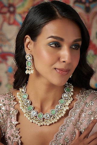White Finish Kundan Polki & Pearl Drop Necklace Set by Adityam Jewels