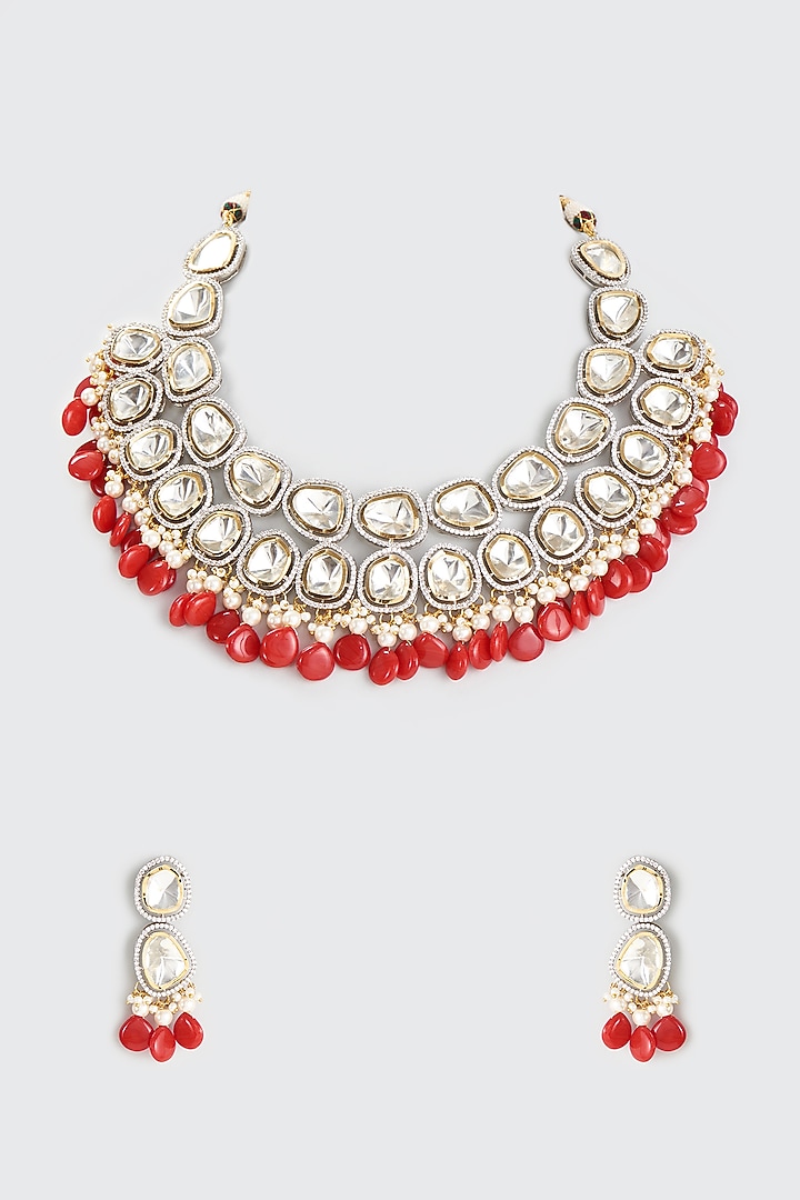 White Finish Kundan Polki & Red Drop Necklace Set by Adityam Jewels at Pernia's Pop Up Shop