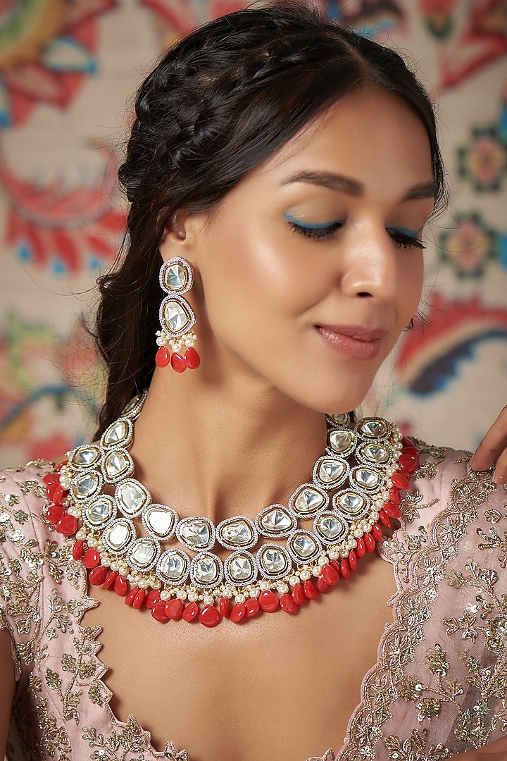 White Finish Kundan Polki & Red Drop Necklace Set by Adityam Jewels at Pernia's Pop Up Shop
