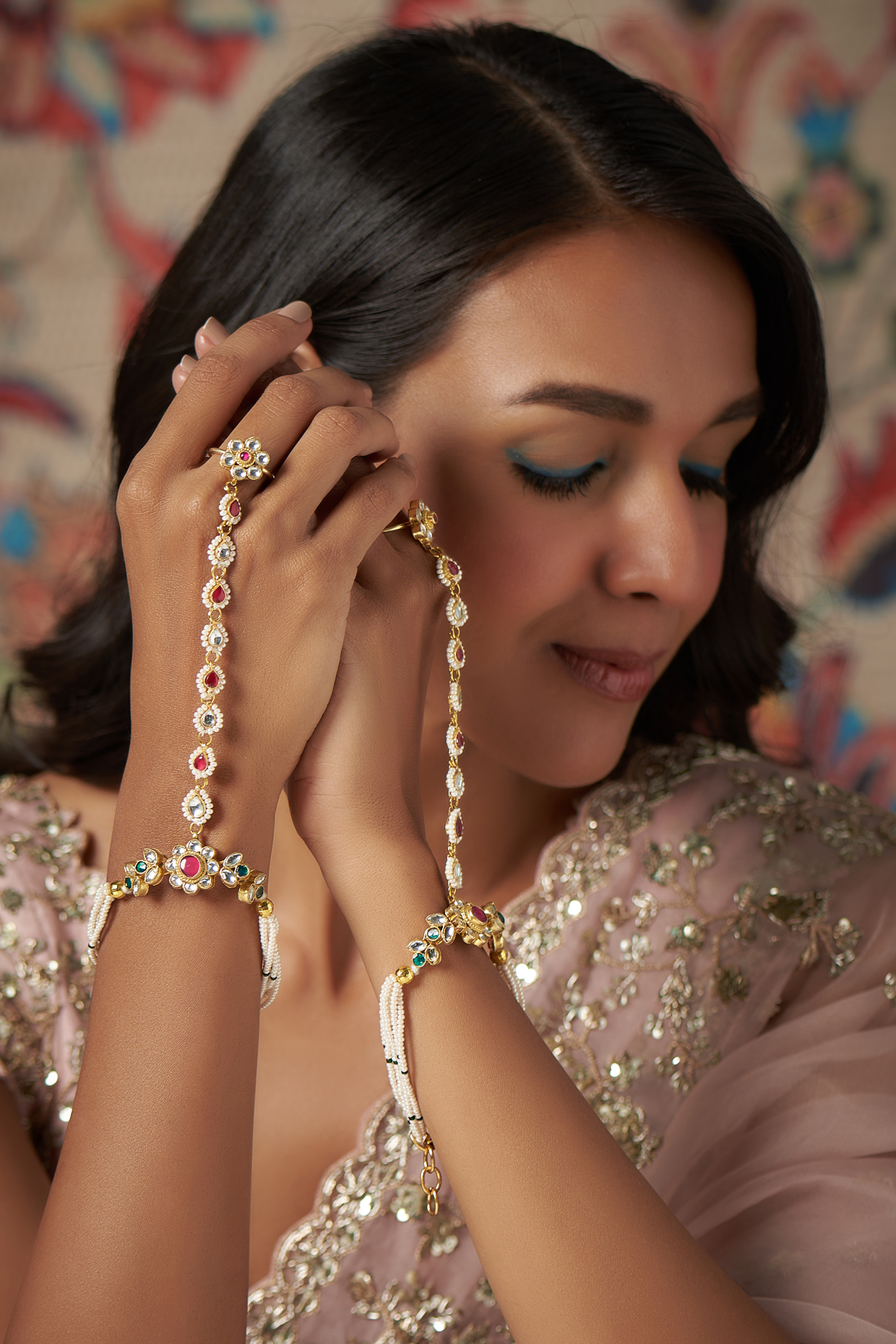 Gold Finish Kundan Polki Hathphool (Set of 2) by Adityam Jewels at Pernia's Pop Up Shop