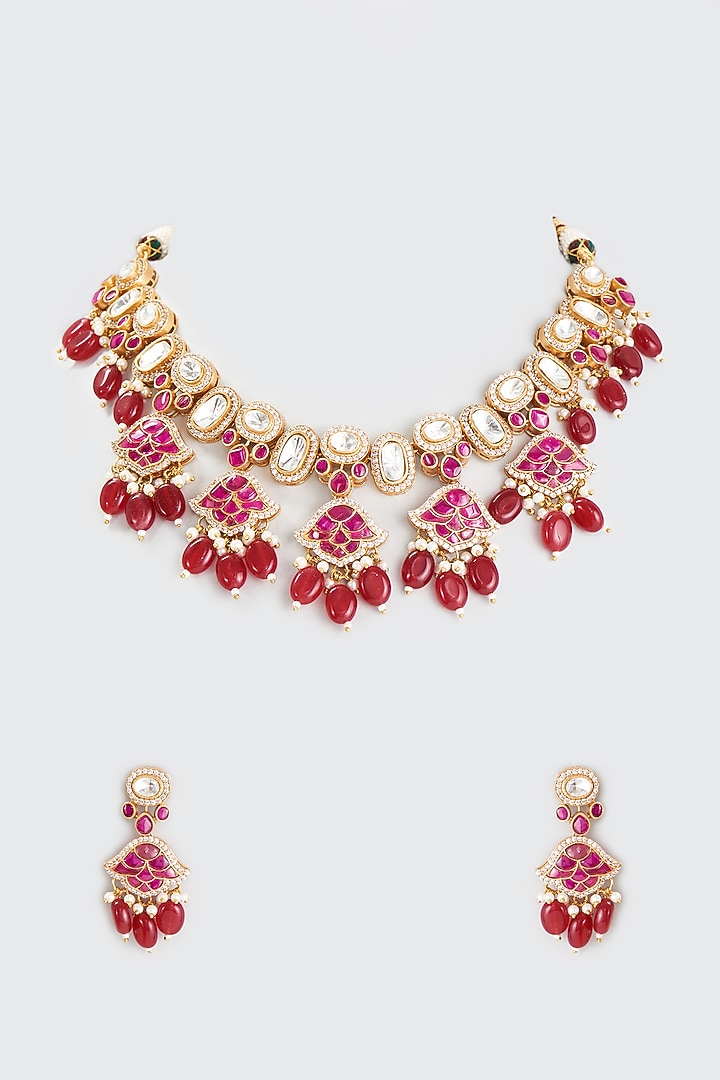 Gold Finish Red Kundan Polki Necklace Set by Adityam Jewels at Pernia's Pop Up Shop