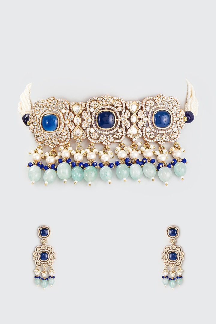 Gold Finish Blue Kundan Polki Choker Necklace Set by Adityam Jewels at Pernia's Pop Up Shop