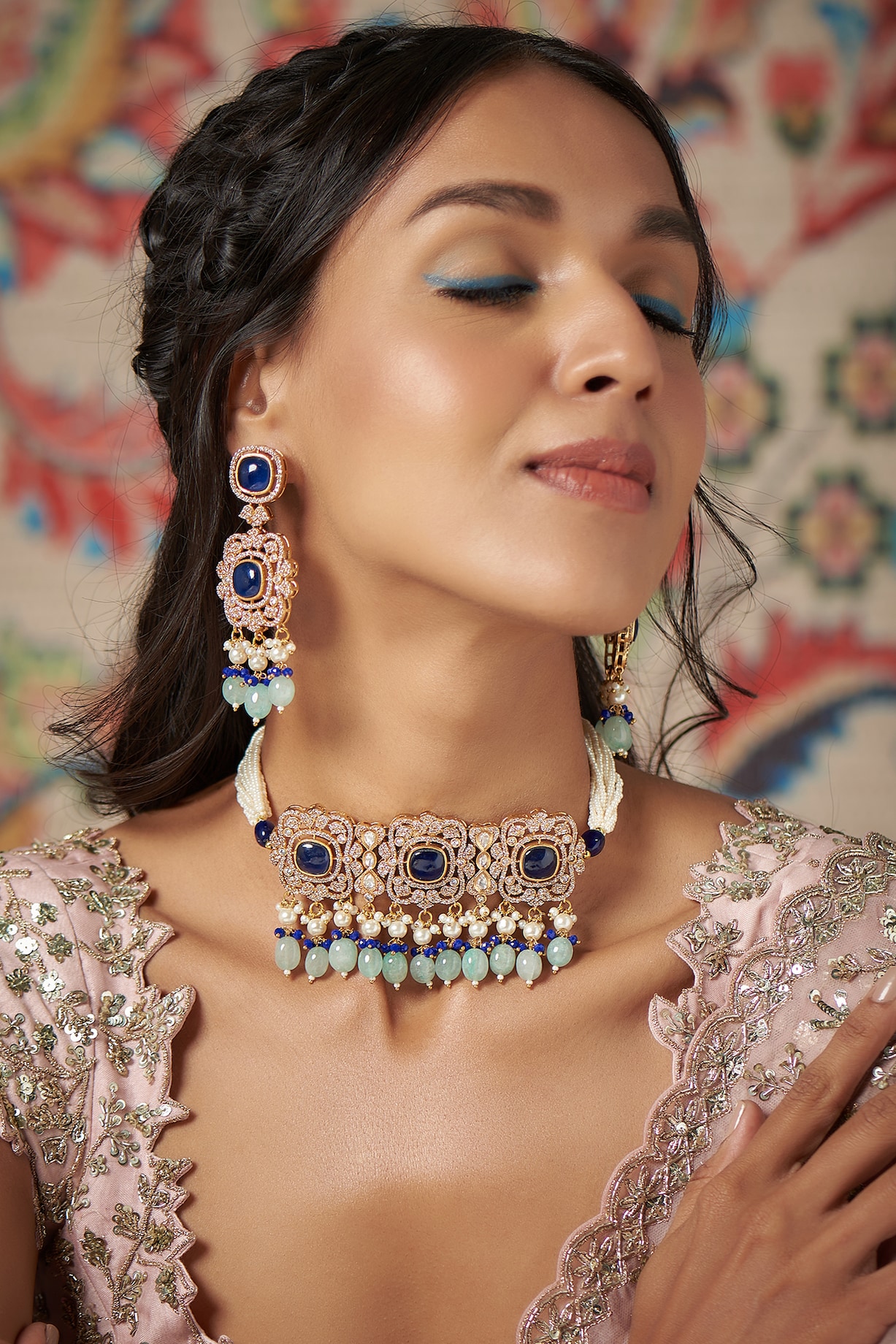 Gold Finish Blue Kundan Polki Choker Necklace Set by Adityam Jewels at  Pernia's Pop Up Shop