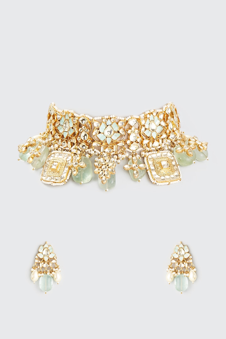 Gold Finish Kundan Polki Choker Necklace Set by Adityam Jewels at Pernia's Pop Up Shop
