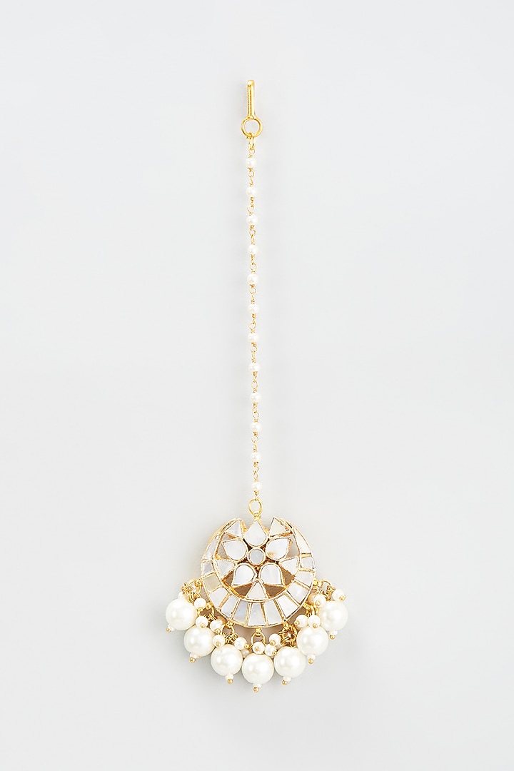 Gold Finish Kundan Polki & Mother Of Pearl Maangtikka by Adityam Jewels at Pernia's Pop Up Shop
