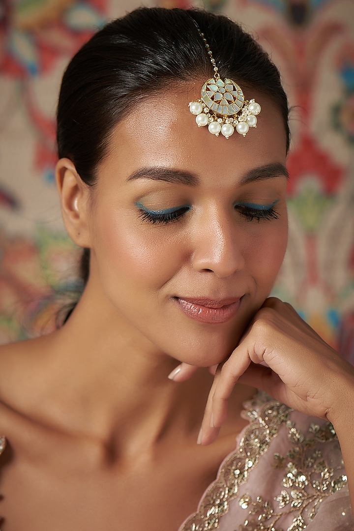 Gold Finish Kundan Polki & Mother Of Pearl Maangtikka by Adityam Jewels at Pernia's Pop Up Shop