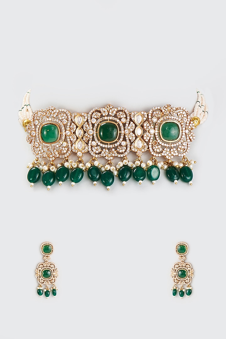 Gold Finish Green Kundan Polki Choker Necklace Set by Adityam Jewels at Pernia's Pop Up Shop
