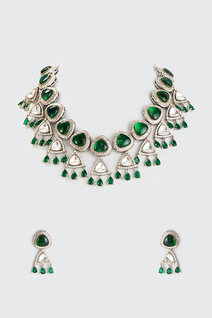 White Finish Green Kundan Polki Necklace Set by Adityam Jewels at Pernia's Pop Up Shop