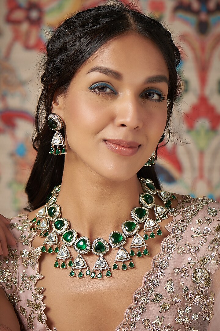 White Finish Green Kundan Polki Necklace Set by Adityam Jewels at Pernia's Pop Up Shop