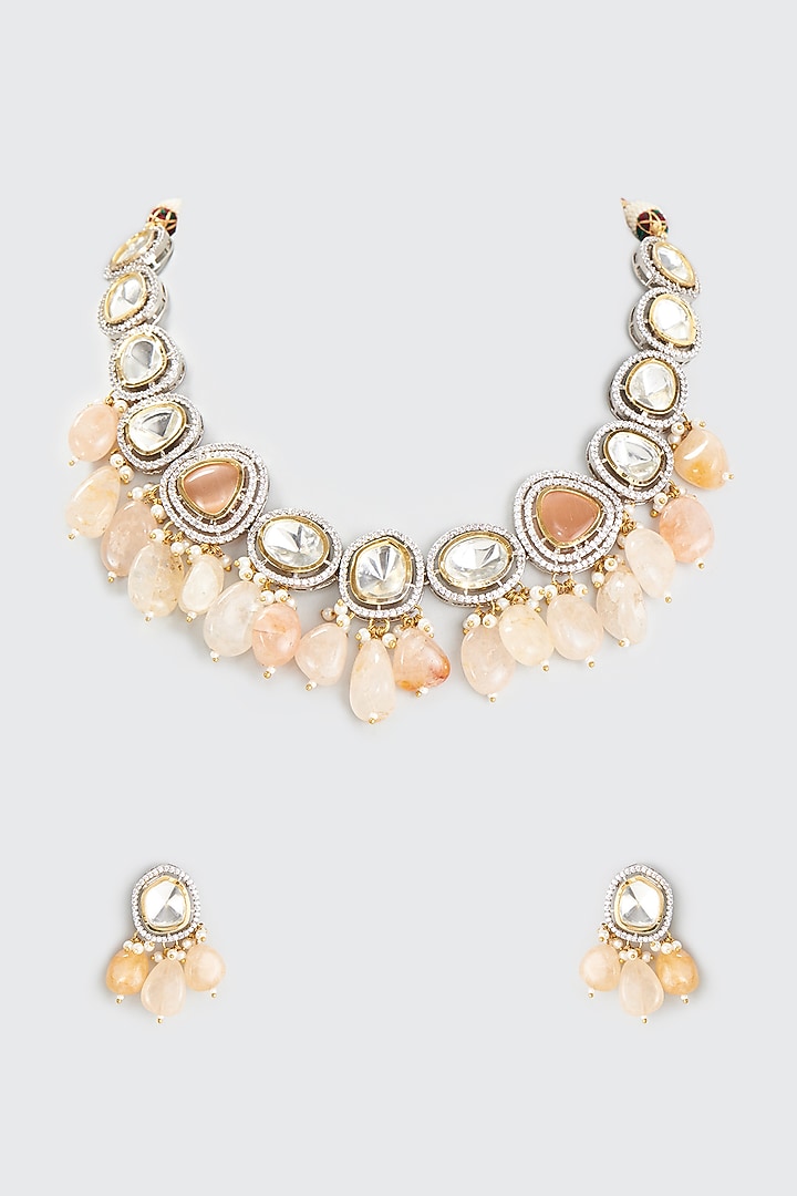 White Finish Kundan Polki & Coral Drop Necklace Set by Adityam Jewels at Pernia's Pop Up Shop
