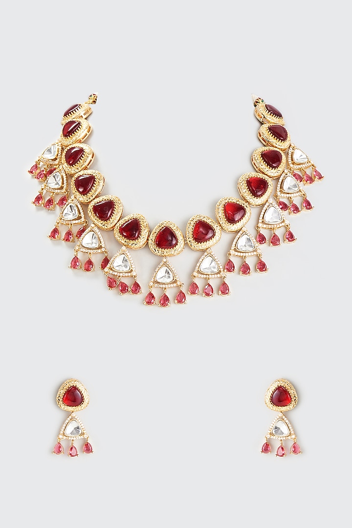 Gold Finish Red Kundan Polki Necklace Set by Adityam Jewels at Pernia's Pop Up Shop