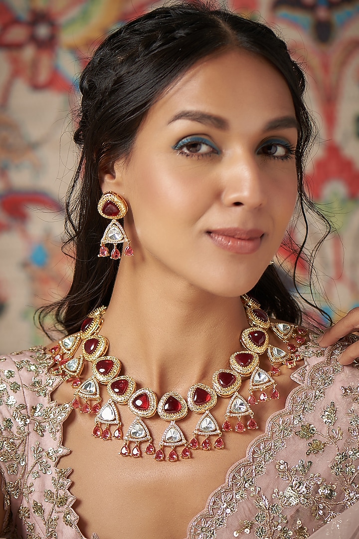 Gold Finish Red Kundan Polki Necklace Set by Adityam Jewels at Pernia's Pop Up Shop