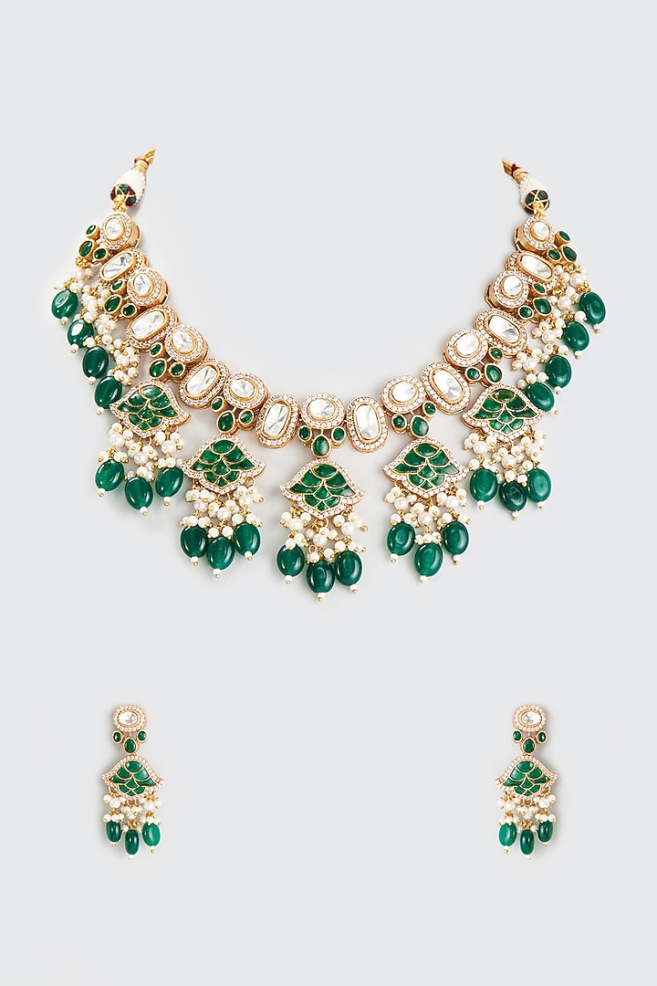 White Finish Green Kundan Polki Necklace Set by Adityam Jewels at Pernia's Pop Up Shop