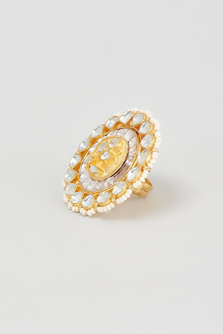 Gold Finish White Kundan Polki Ring by Adityam Jewels