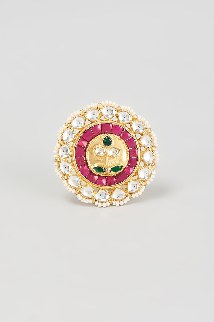 Gold Finish Red Kundan Polki Ring by Adityam Jewels at Pernia's Pop Up Shop