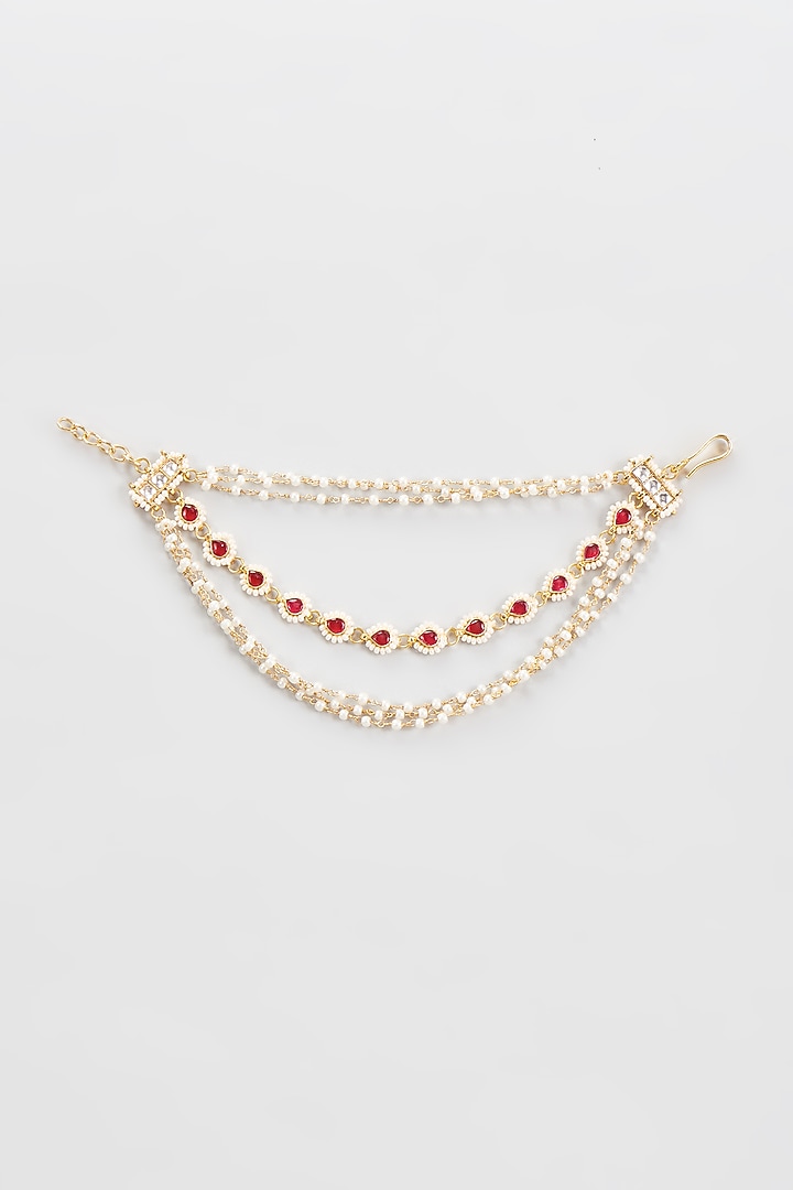 Gold Finish Red Kundan Polki Earchains by Adityam Jewels at Pernia's Pop Up Shop