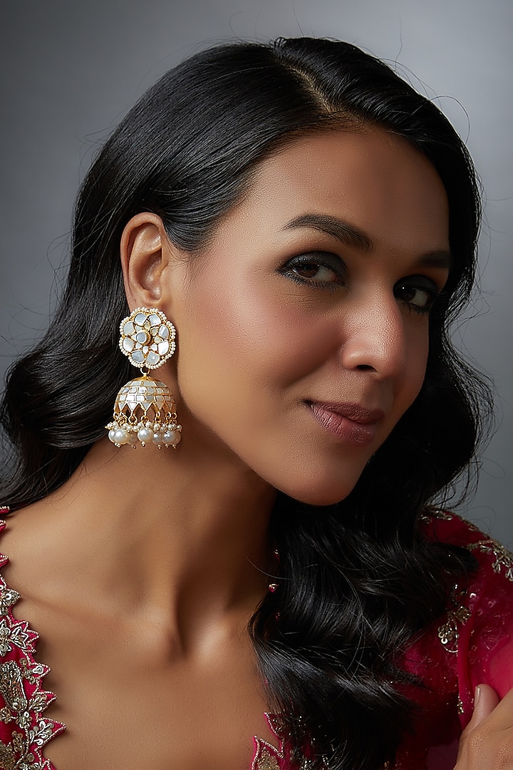 Gold Finish Mother Of Pearl Jhumka Earrings by Adityam Jewels