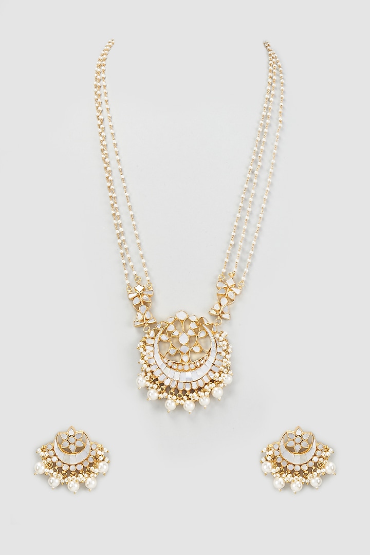Gold Finish Kundan Polki Long Pendant Necklace Set by Adityam Jewels at Pernia's Pop Up Shop