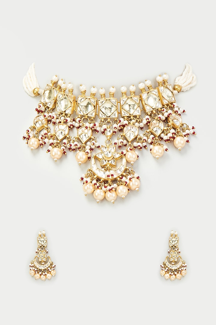 Gold Finish Kundan Polki Necklace Set by Adityam Jewels at Pernia's Pop Up Shop