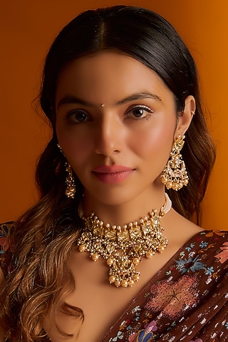 Gold Finish Kundan Polki Necklace Set by Adityam Jewels