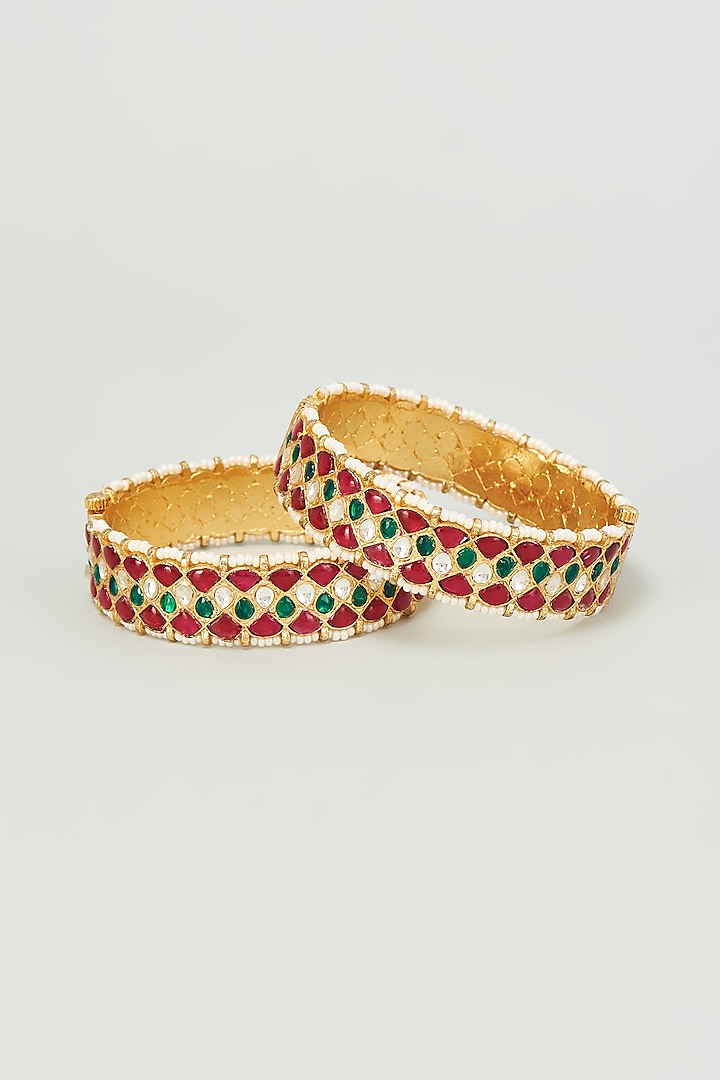 Gold Finish Multi-Colored Kundan Polki Bangles (Set of 2) by Adityam Jewels at Pernia's Pop Up Shop