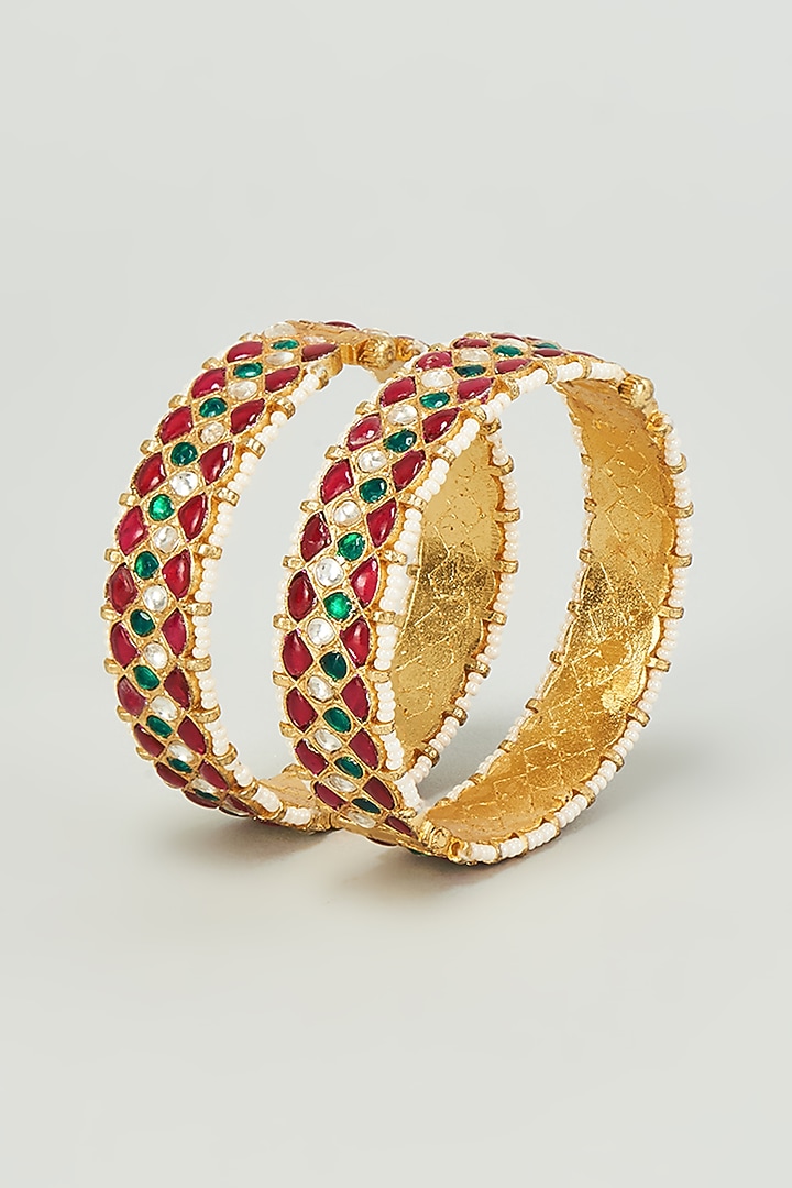 Gold Finish Multi-Colored Kundan Polki Bangles (Set of 2) by Adityam Jewels at Pernia's Pop Up Shop