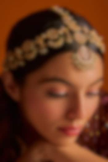 Gold Finish Kundan Polki Green Mathapatti by Adityam Jewels at Pernia's Pop Up Shop