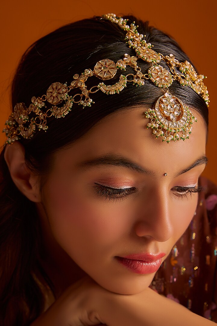 Gold Finish Kundan Polki Green Mathapatti by Adityam Jewels at Pernia's Pop Up Shop