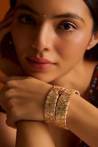 Gold Finish Mother Of Pearls & Kundan Polki Bangles (Set of 2) by Adityam Jewels