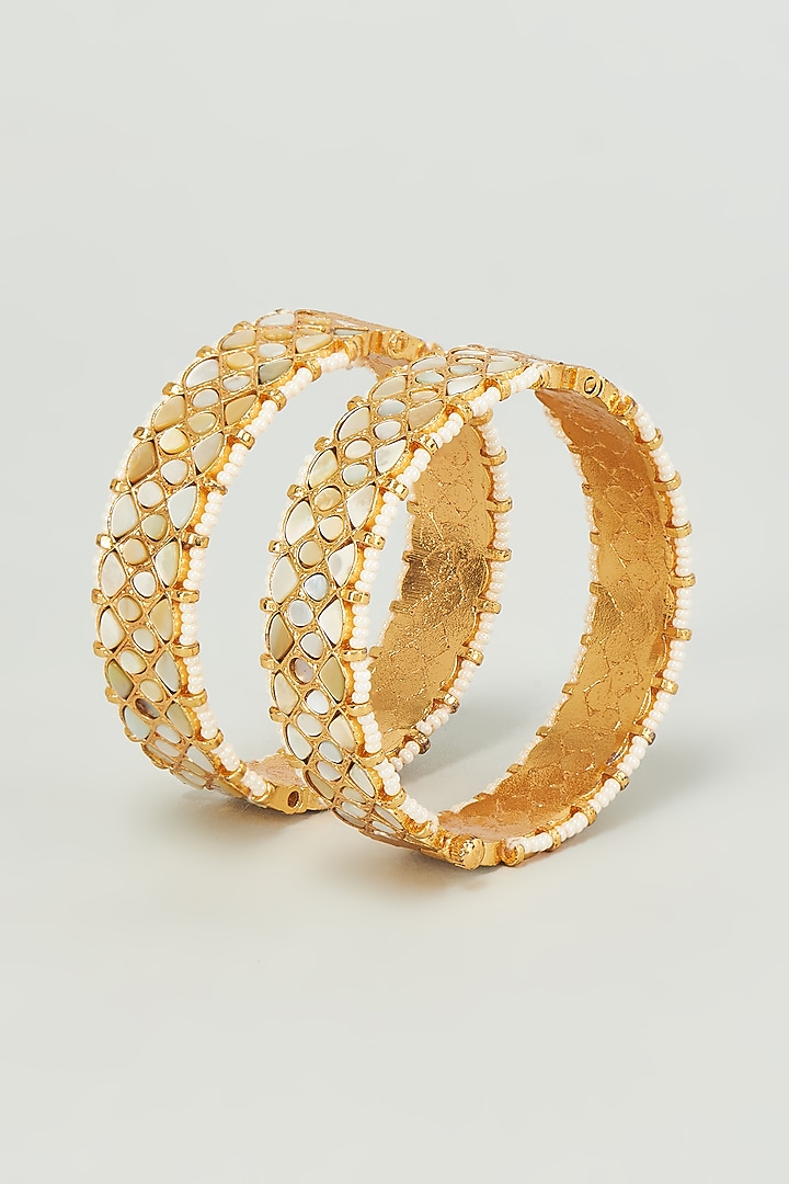 Gold Finish Mother Of Pearls & Kundan Polki Bangles (Set of 2) by Adityam Jewels at Pernia's Pop Up Shop