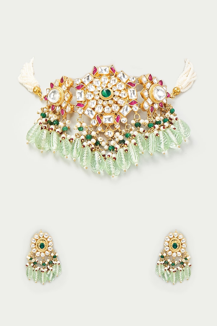Gold Finish Multi- Colored Kundan Polki Choker Necklace Set by Adityam Jewels at Pernia's Pop Up Shop
