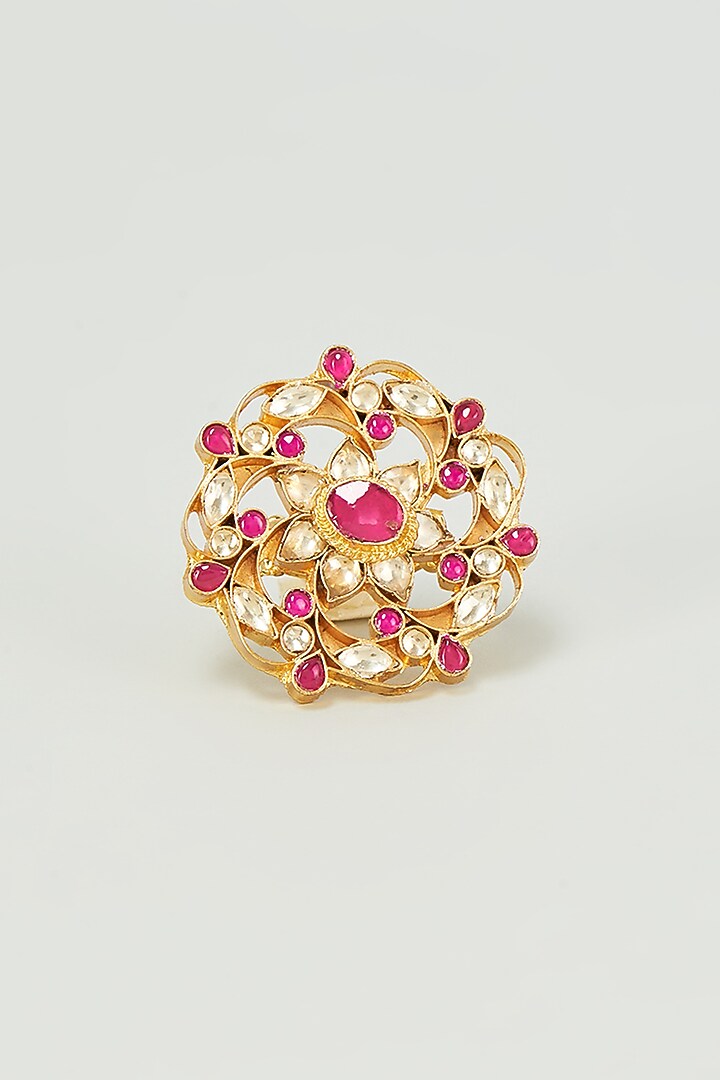 Gold Finish Kundan Polki & Red Stones Ring by Adityam Jewels at Pernia's Pop Up Shop