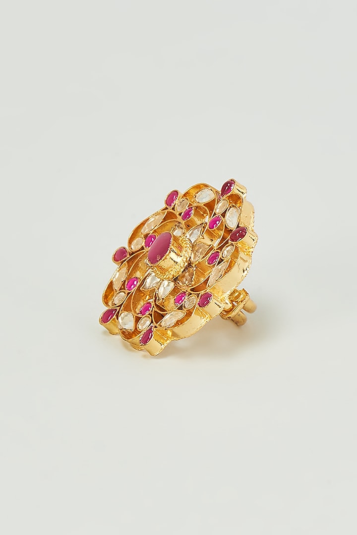 Gold Finish Kundan Polki & Red Stones Ring by Adityam Jewels