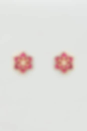 Gold Finish Kundan Polki & Red Stones Floral Stud Earrings by Adityam Jewels