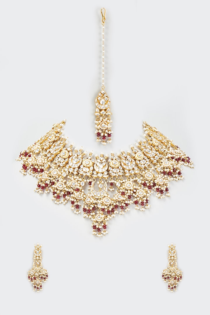 Gold Finish Kundan Polki & Red Drop Necklace Set by Adityam Jewels at Pernia's Pop Up Shop