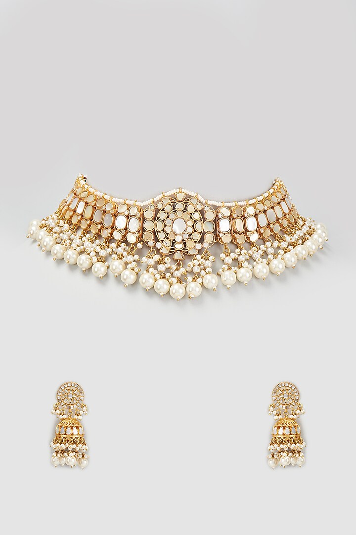 Gold Finish White Kundan Polki Necklace Set by Adityam Jewels at Pernia's Pop Up Shop