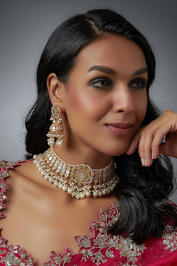 Gold Finish White Kundan Polki Necklace Set by Adityam Jewels