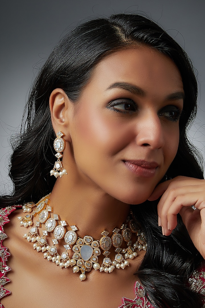 Gold Finish White Kundan Polki Necklace Set by Adityam Jewels